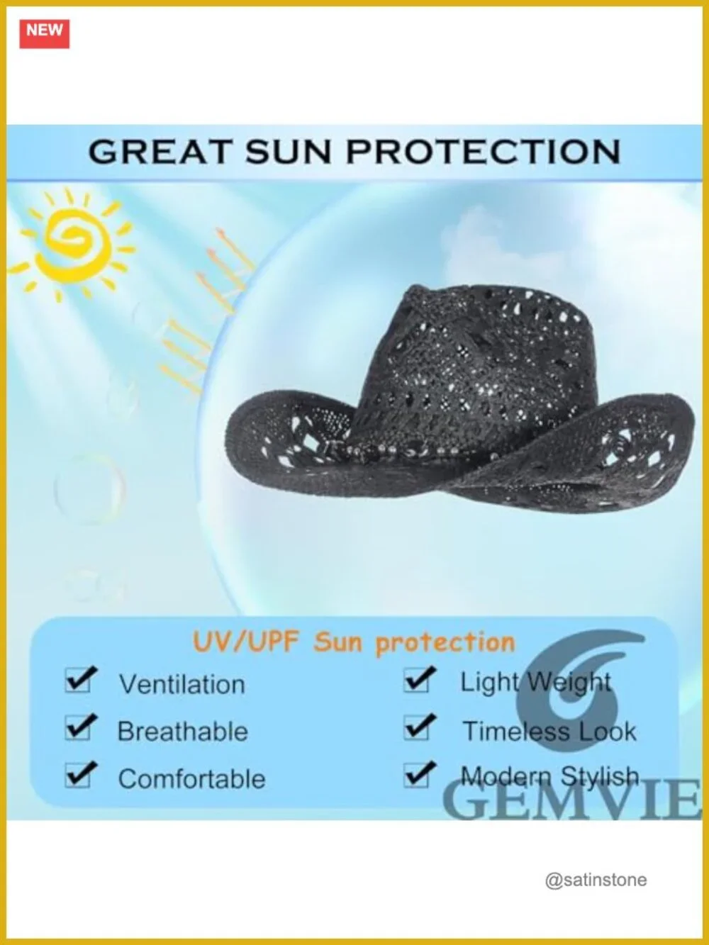Straw Cowboy Hat with Gem Band UPF 50+ Sun Protection Wide Brim
